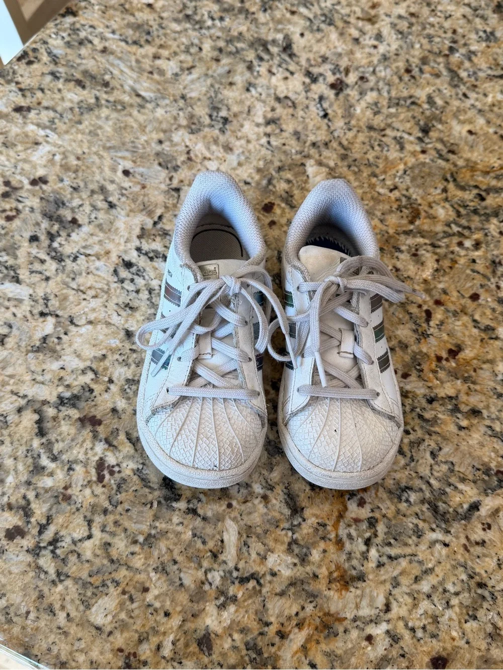 Adidas Kids White Superstar Sneakers with Iridescent Stripes